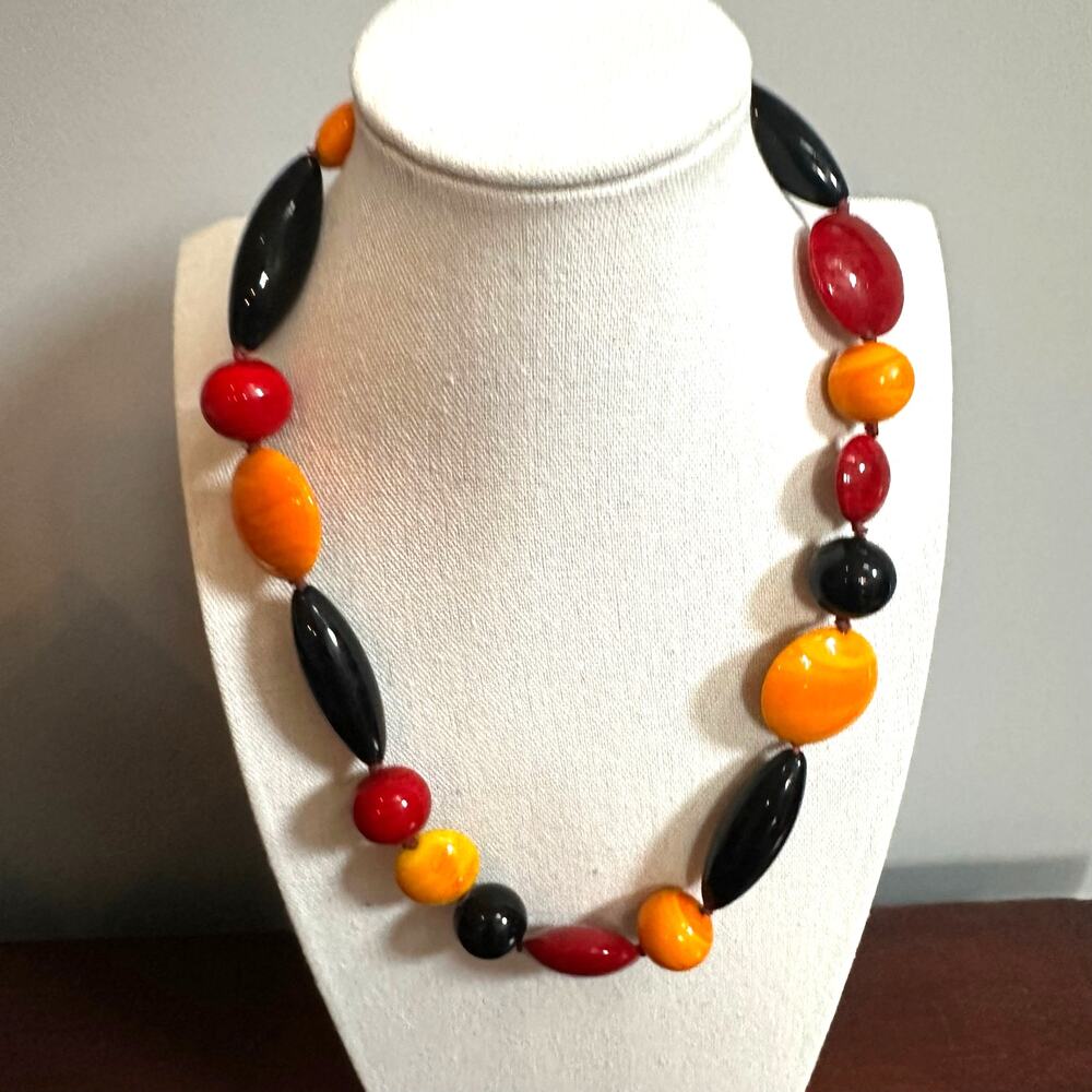 Artisan Glass Bead Necklace Red Yellow Black Necklace Boho Lagenlook Casual
